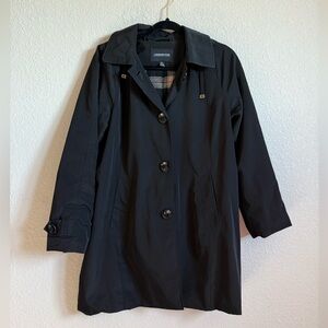 London Fog Trench Coat, Removable Hood, Flannel Lining, Black, Petite Large